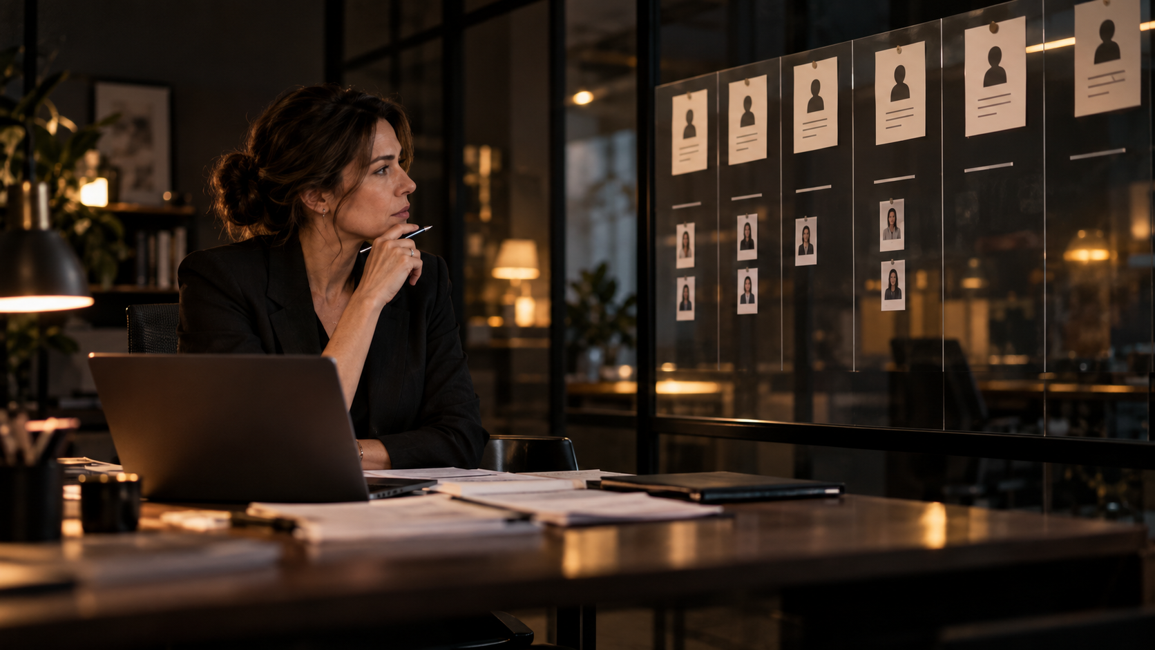 Hiring leader reviewing open roles and a candidate pipeline
