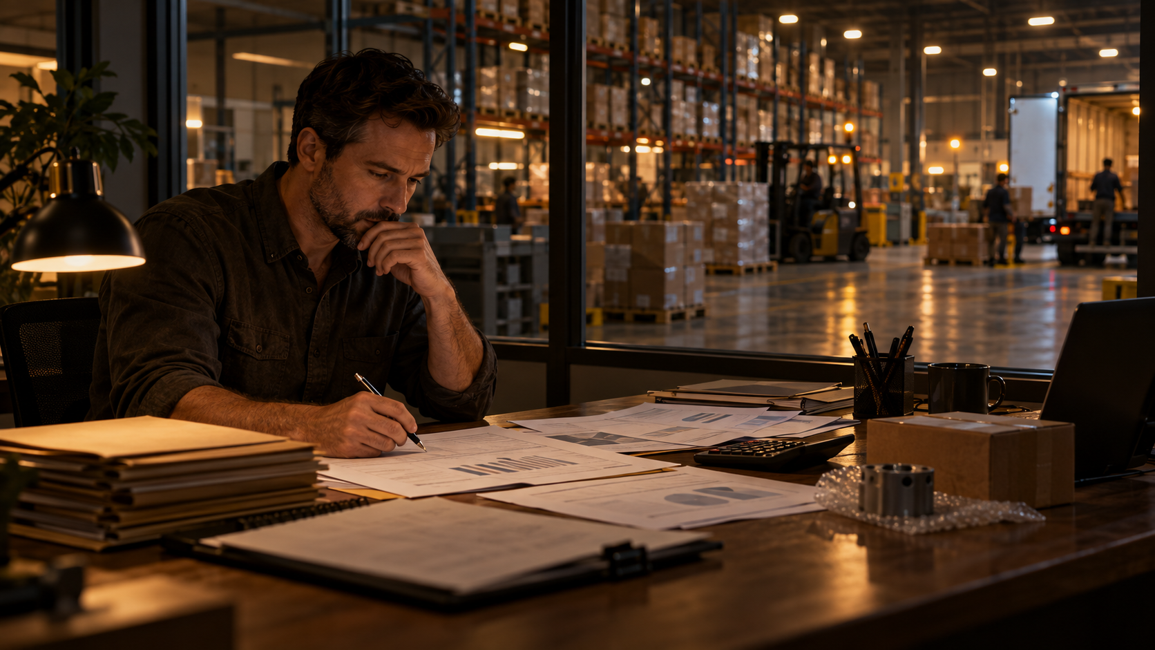 Operator reviewing inventory and cash commitments beside a warehouse