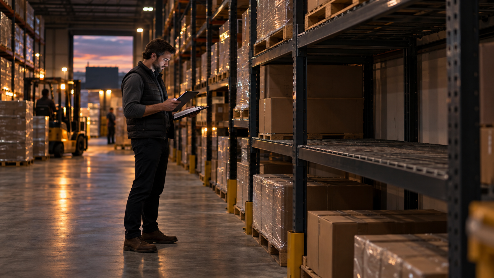 Operations leader reviewing inventory levels in a wholesale warehouse
